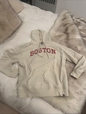 Cream "BOSTON" Pullover Hoodie with Red Lettering